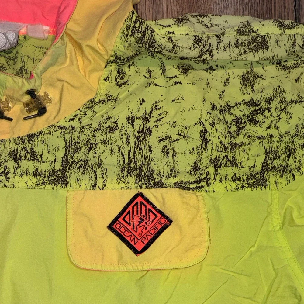 Vintage Ocean Pacific OP Neon Yellow Orange Windbreaker Anorak Pullover Mens L